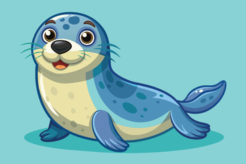 A playful cartoon seal relaxes on its side, displaying a friendly smile and vibrant blue and beige colors against a bright blue backdrop.