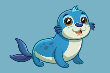 Fototapeta premium A cheerful cartoon seal with light blue fur and large expressive eyes sits happily, showcasing a friendly demeanor against a soft blue backdrop.
