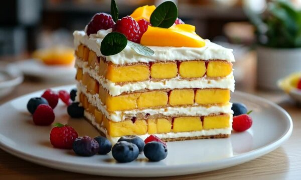 A beautifully layered mango dessert topped with berries and mint leaves, served on a white plate in a cozy caf&eacute;