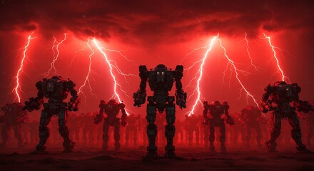 Robots in red lightning storm background