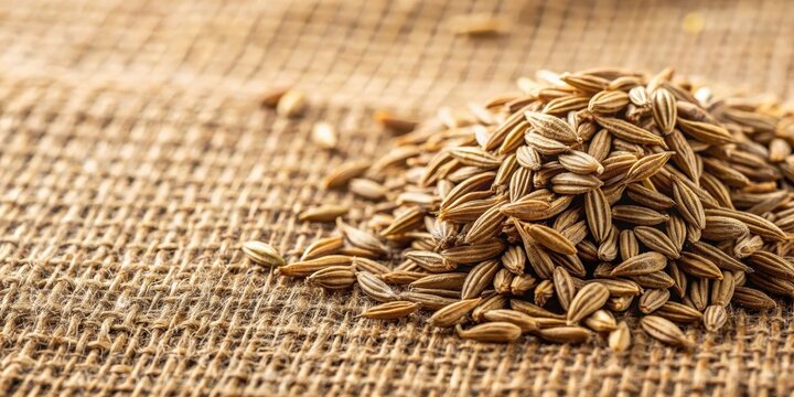 Aromatic spice cumin seed close-up with a natural linen or burlap background featuring a subtle texture and earthy tone