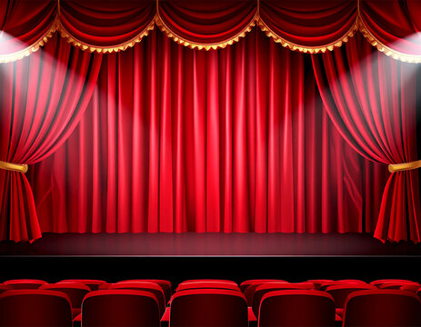 Theater stage vector template illustration with red heavy curtain and seats.	