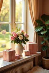 Sunlit Windowsill with Delicate Pink Roses and Gift Boxes