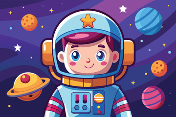 Naklejka premium A cheerful astronaut in a vibrant suit floats among colorful planets and stars in a whimsical outer space setting, capturing a sense of adventure and wonder.
