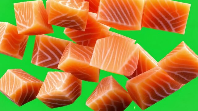 Fresh Salmon Chunks Falling from Above on Bright Green Background for Culinary Concept and Food Preparation