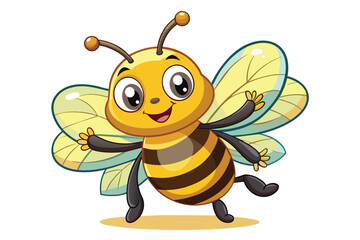Fototapeta premium A lively buzzing bee displays a joyful smile while flying. Its vibrant yellow and black stripes and transparent wings add charm to the sunny atmosphere.
