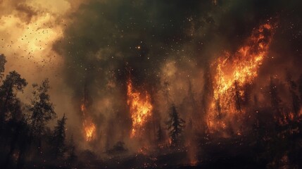 Fototapeta premium Forest fire devastation remote wilderness nature scene chaotic atmosphere dramatic perspective environmental crisis
