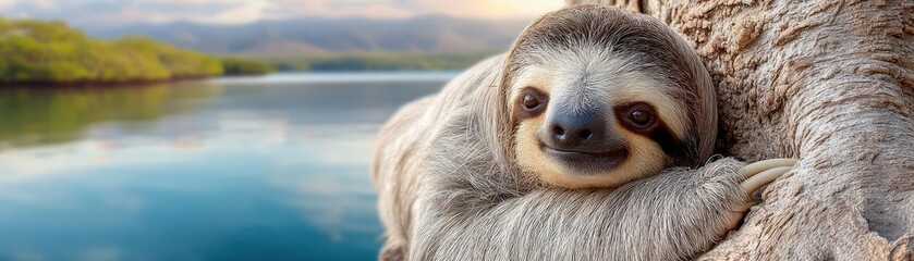 Naklejka premium Endangered species struggling with climate change impact concept. A charming sloth relaxes by the serene riverside, embodying tranquility.