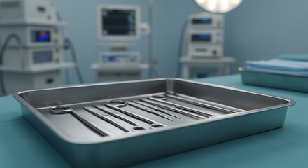 Surgical Instruments in Metal Tray on Table in Operating Room