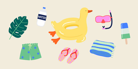 Summer Vector Illustration Set. Swim Goggles Slippers Beach Towel Water Trunks Duck Tube Popsicle Icecream