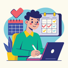 Young man with computer fills schedule calendar vector 