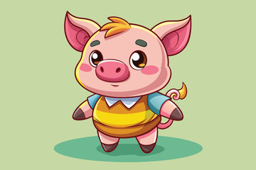 A cheerful cartoon pig stands upright, wearing a bright yellow and blue outfit. The pig has a friendly face and a curly tail, creating a whimsical and fun appearance.