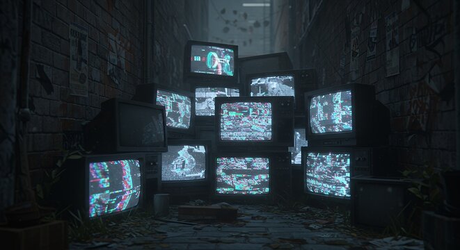 Vintage television screens in dim room