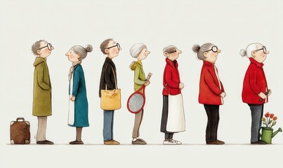 Obraz premium Side view of elderly people standing in a row with calm expressions, dressed in various coats and holding different objects including a suitcase, bag, tennis racket, and watering can with flowers