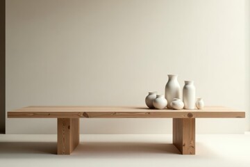 Minimalist wooden coffee table with a collection of off-white ceramic vessels arranged artfully