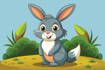 Fototapeta premium A cheerful cartoon rabbit with large ears and a fluffy tail stands on a patch of grass. Surrounded by lush greenery, it looks playful and inviting in daylight.
