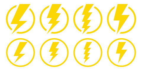 Set of lighting bolt icon, lightning icon, yellow lightning bolt icon representing power, electricity, energy, and speed. Thunderbolt flat style icon set vector illustration.