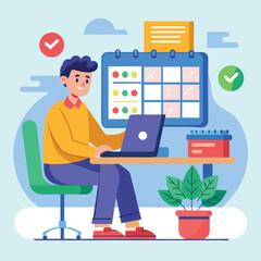 Young man with computer fills schedule calendar vector 