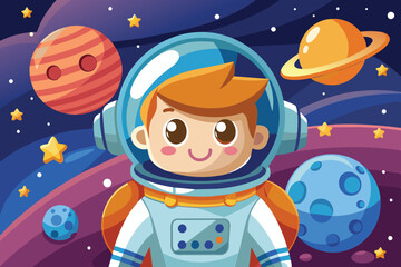 A cheerful young astronaut in a space suit enjoys the wonders of outer space, surrounded by various colorful planets and twinkling stars against a dark backdrop.
