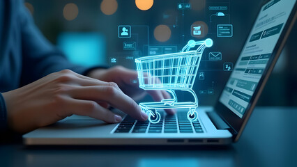 Hands Typing with Holographic Online Shopping Cart and Payment Confirmation