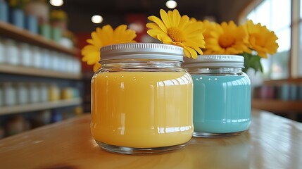 Two colorful candles in jars