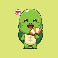 Cute turtle  cartoon vector illustration with hand fan