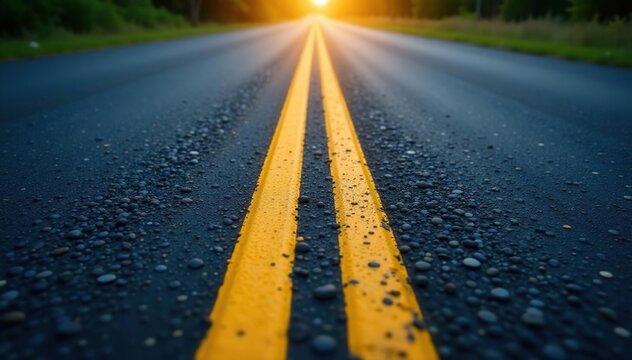 Dark asphalt road with yellow lines, close-up, yellow, lines