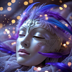 A mystical book cover featuring a delicate, intricately designed silk female mask in the foreground, its gentle curves and folds capturing the soft, romantic lighting