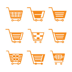 Orange shopping cart icon set. Shopping cart icon with orange color. E-commerce symbol for online retail and digital marketplace design. Vector shopping cart icon on white background.