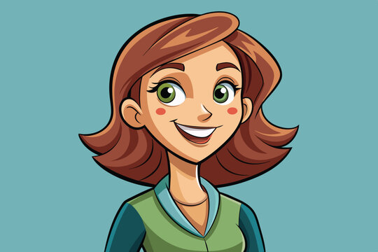A cheerful animated character with short brown hair and green eyes smiles warmly. Dressed in a green top, she exudes a friendly and approachable vibe.