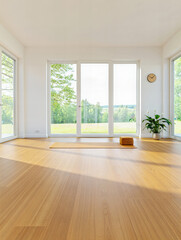 Bright minimalist yoga room with large windows, wooden floor, yoga mat, and peaceful nature view for meditation and wellness