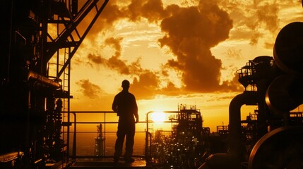 Fototapeta premium Worker overseeing industrial operations at sunset oil refinery photography urban environment silhouette view energy production