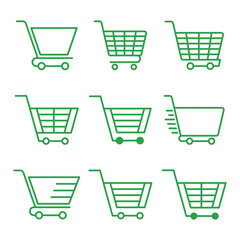 Set of shopping basket or shopping cart icon. Green cart icons. Shop trolley in vector design style, isolated white