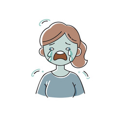 Vector illustration depicts a sad young woman with tears streaming down her face. Her expression conveys deep sorrow. Design is minimalistic, emphasizing emotions through facial features