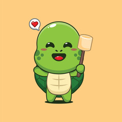 Cute turtle cartoon vector illustration eating marshmallow
