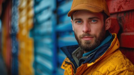Obraz premium Intense gaze of a man in a cap against colorful graffiti background