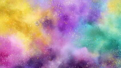Fototapeta premium Vivid abstract watercolor clouds with splashes of yellow, purple, pink, and blue, creating a dreamy and colorful background.