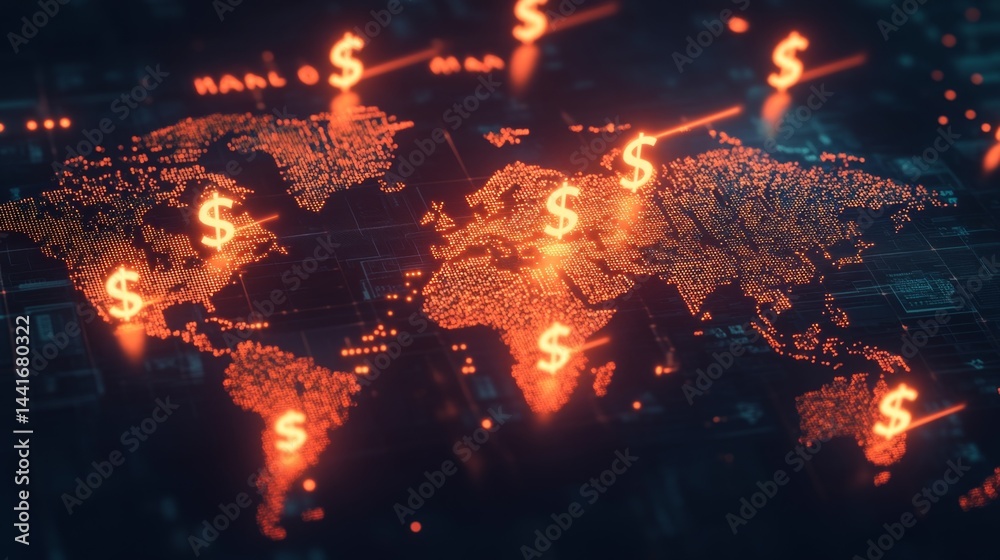 Poster global financial trends mapping world map visualization digital data analysis high-tech environment 