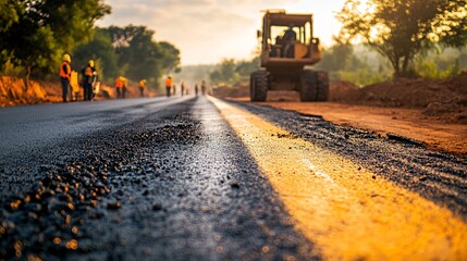 Road construction workers paving new asphalt highway