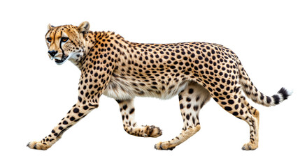 Cheetah walking gracefully across a plain surface