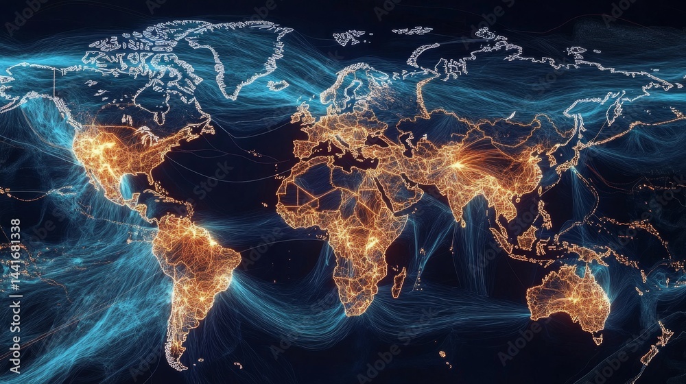 Poster global connectivity through digital networks world map infographic visualization tech environment ae
