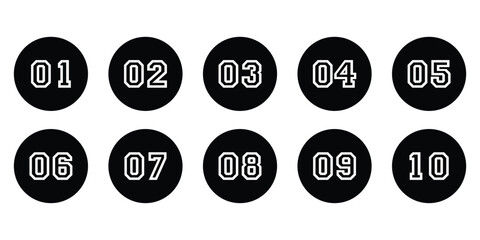 1 to 10 numbers simple design isolated. Typography set of rounds 1 to 10 Numbers. Numeral typographic line and flat icons set. Bullet point number icon collection. Vector illustration