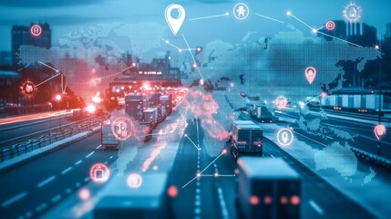 Traffic management technology urban environment digital illustration night scene aerial view connectivity in transportation