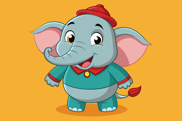 Obraz premium A friendly cartoon elephant stands smiling, dressed in a vibrant blue suit with a red hat, bringing joy and a playful spirit to the bright orange backdrop.