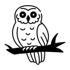 A hand drawn style icon of an owl sitting on a branch 
