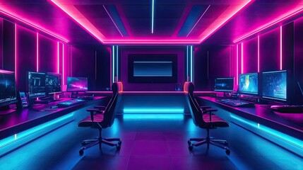 Colorful interior of a modern gaming room with neon lights, digitally visualized with AI for a futuristic look. -