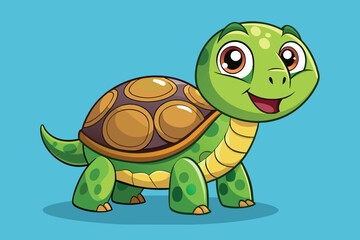 A cheerful cartoon turtle stands out against a bright blue background, displaying its wide eyes and playful expression, embodying joy and friendliness.
