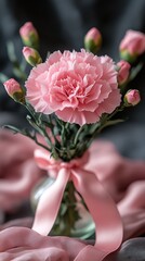 Pink carnation bouquet in glass vase with ribbon bow on dark grey background, Mother's Day floral arrangement with soft lighting and professional styling for gifts or home decor.