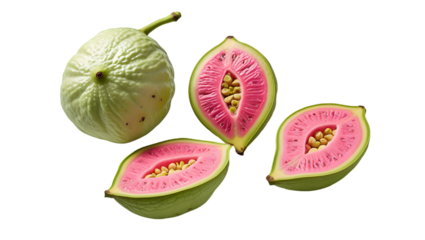 Whole and Sliced Pink Guava Isolated on White for Healthy Eating Concepts: Tropical Fruit Imagery: Guava, Pink, Sliced, Isolated, White, Fresh, Healthy, Eating, Fruit, Tropical

