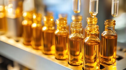 a vibrant showcase of amber liquid filled vials being meticulous